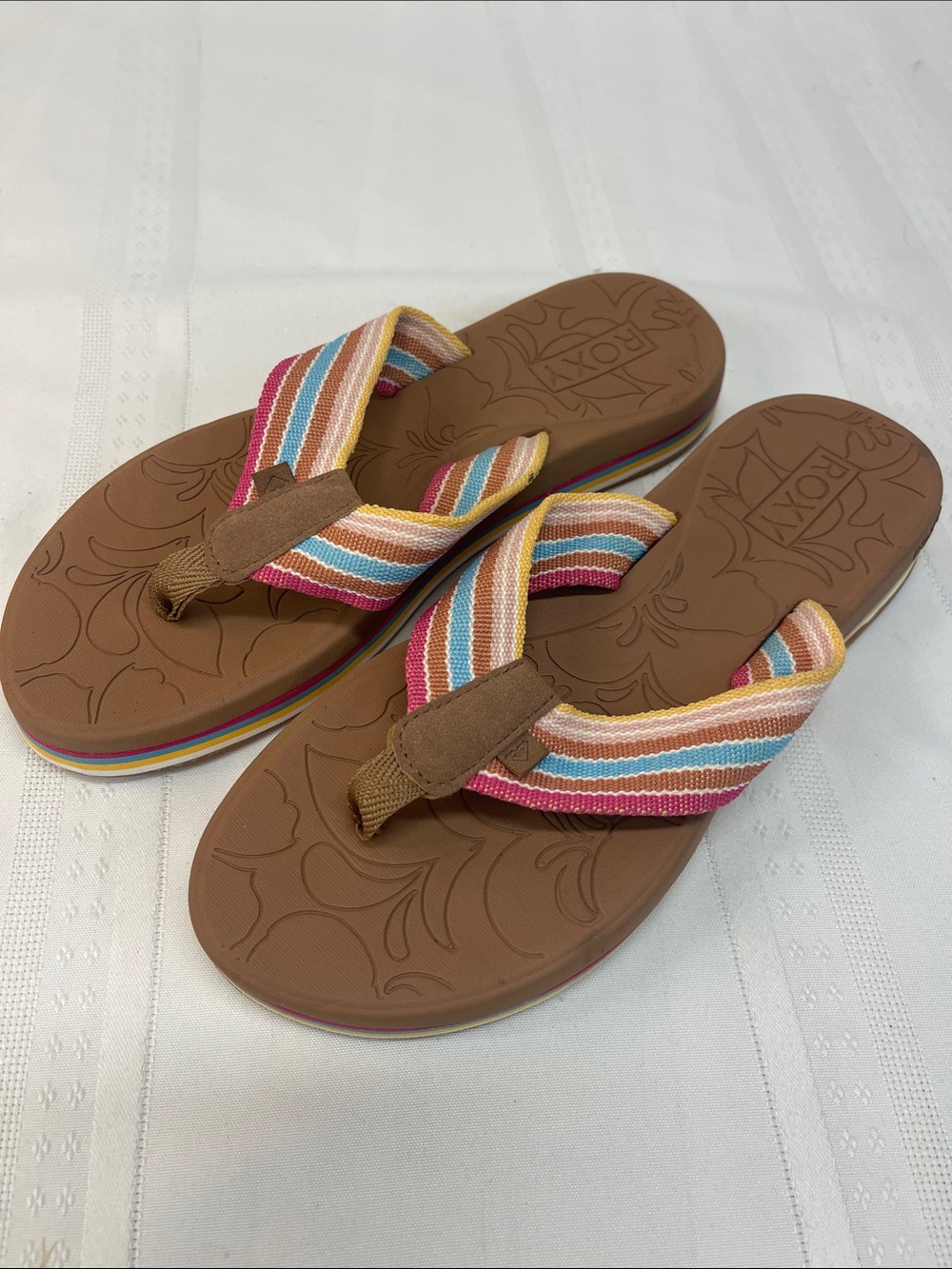 Roxy Multistripe Fabric Strap Brown Footbed Flip Flops